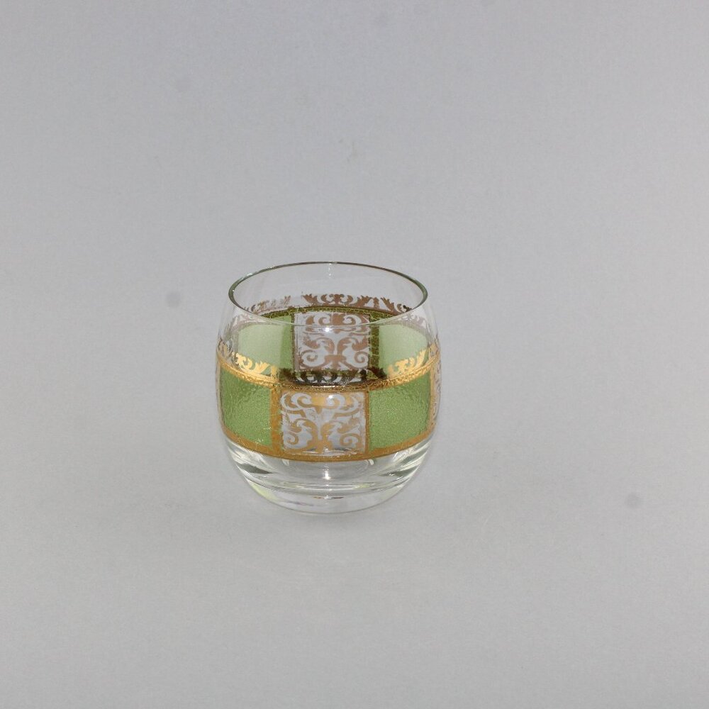 Culver Prado Roly Poly Glass 22K Gold Gilt Green Scroll Vintage MCM
